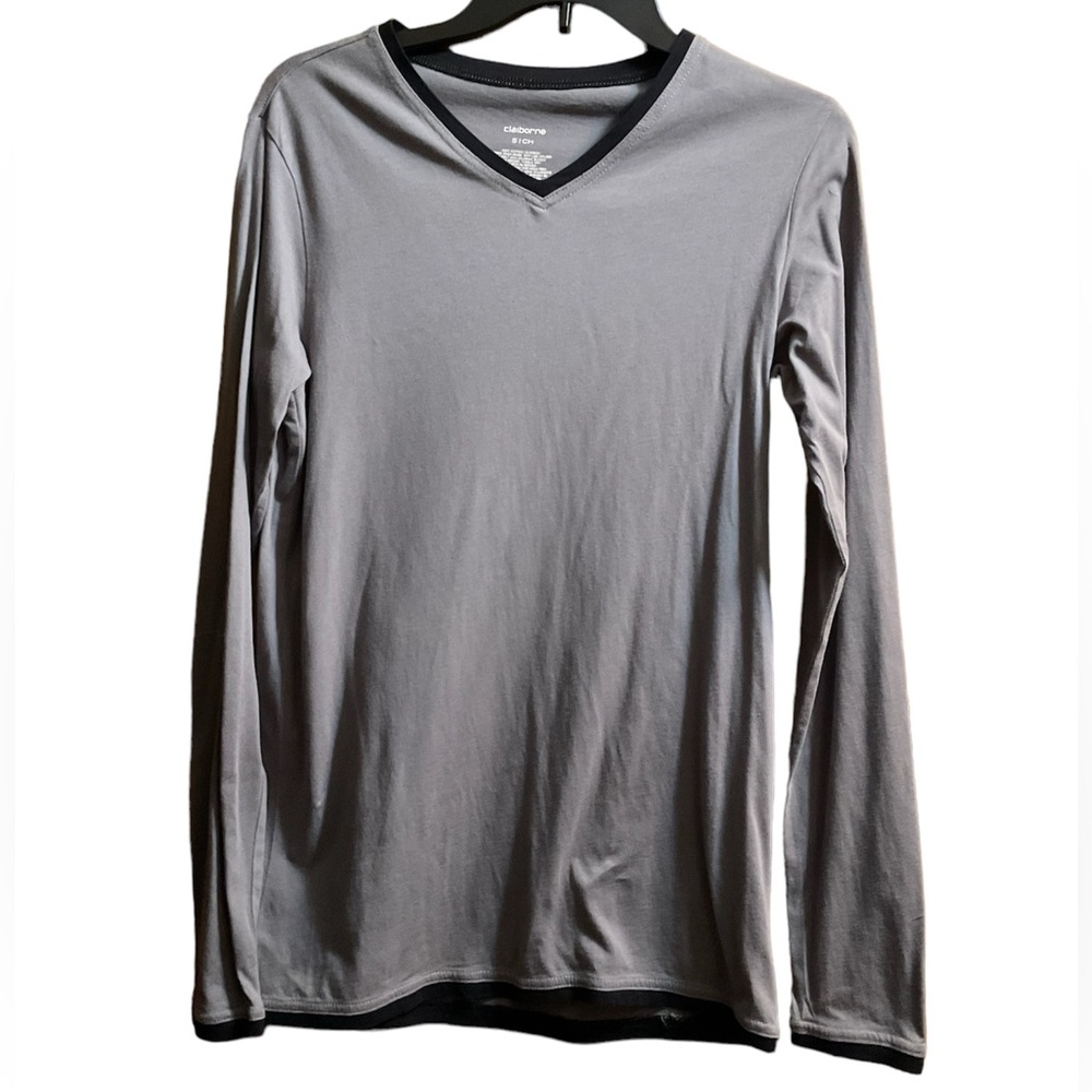 Men’s Claiborne Long Sleeve Gray with Black Trim V-Neck Cotton Lightweight Shirt